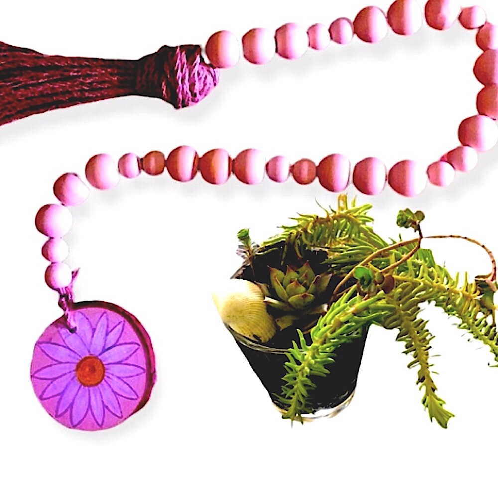 Succulents&Handmade Bead Garland w/ Tassel&Wood Slice with Hand Drawn Art - Picture 1 of 8